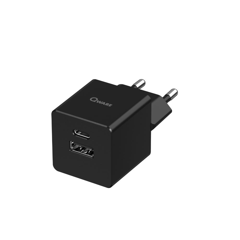 Qware Mini Dual Charger (USB-C/A) with PowerDelivery - Black