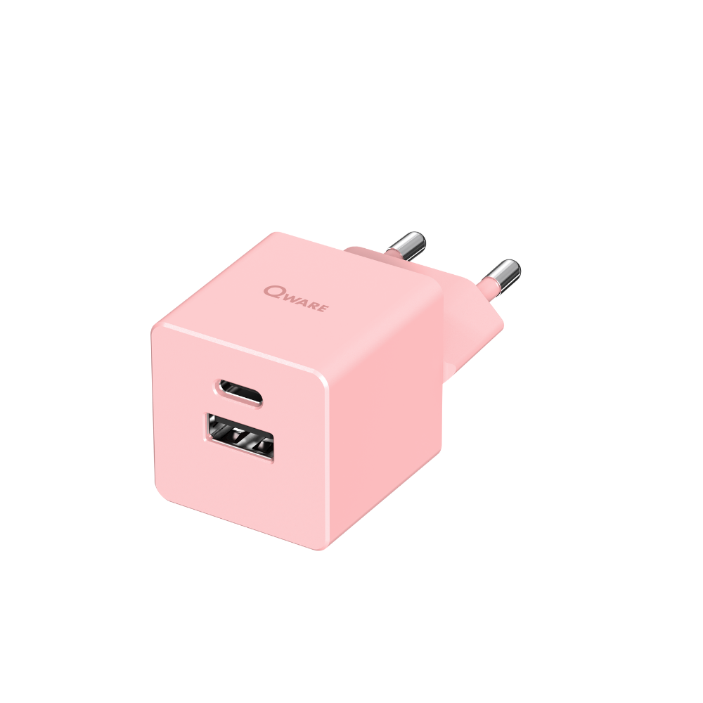 Qware Mini Dual Charger (USB-C/A) with PowerDelivery - Pink