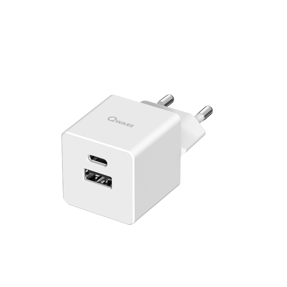 Qware Mini Dual Charger (USB-C/A) with PowerDelivery - White